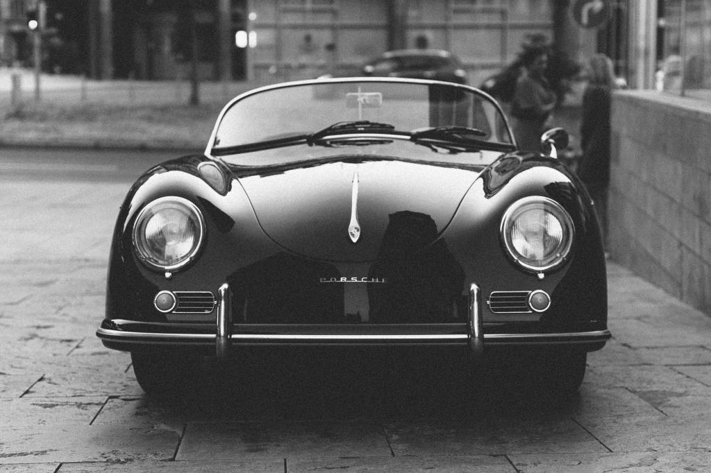 Front view of a black Porsche 356 Speedster.